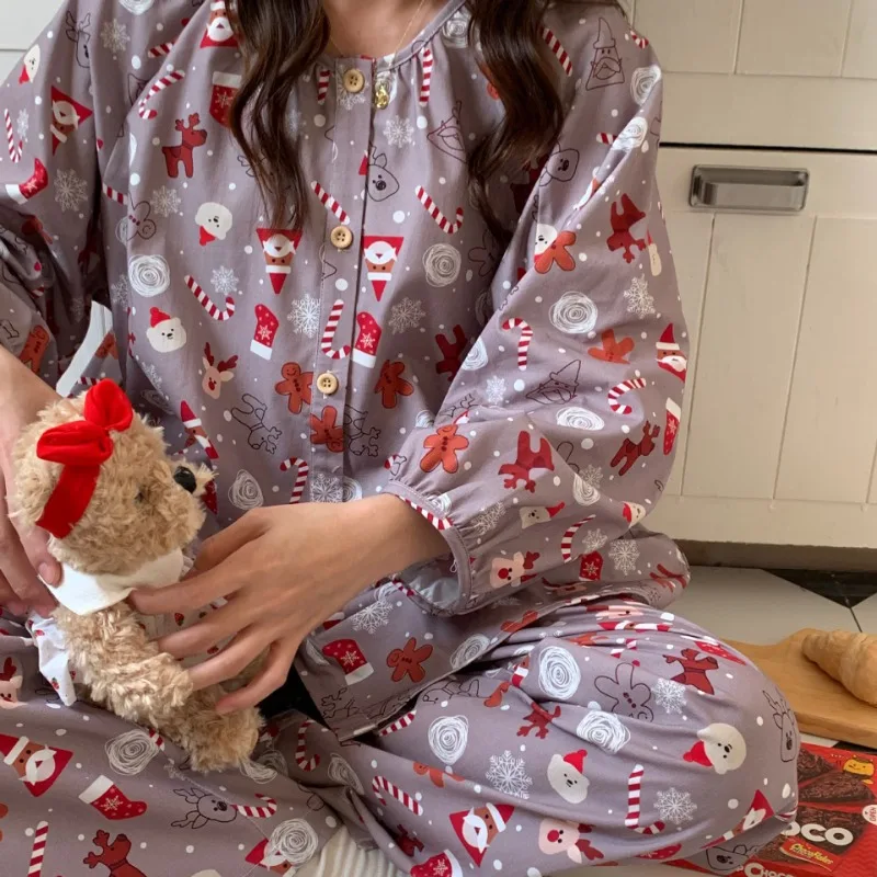 

Christmas Pajamas Set Kawaii Anime Teddy Bear Christmas Stocking Long Sleeve Trousers Loungewear Sleepwear Clothes for Woman