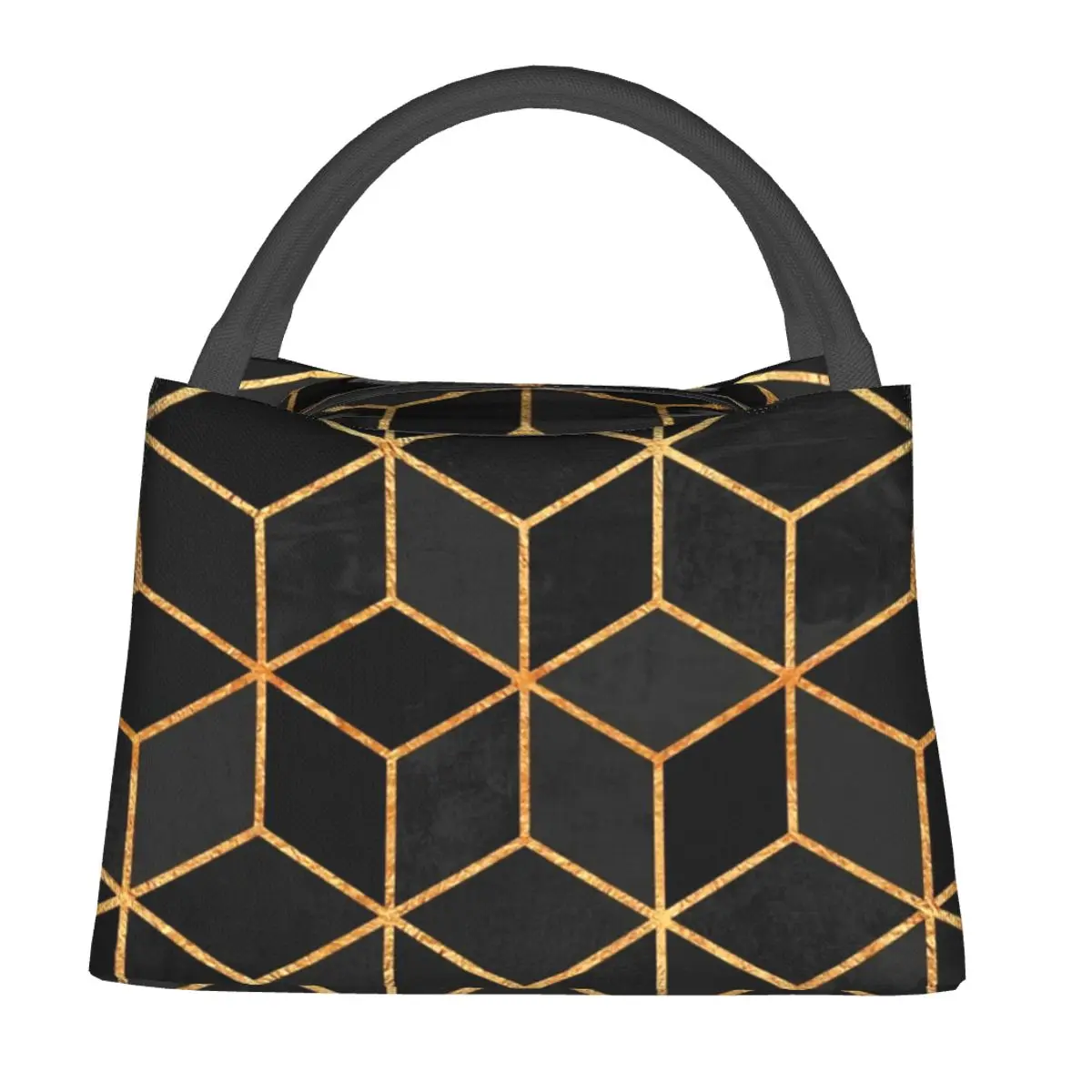 

Gold Geo Print Lunch Bag Adult Black Cubes Custom Lunch Box Casual Travel Cooler Bag Portable Waterproof Thermal Tote Handbags