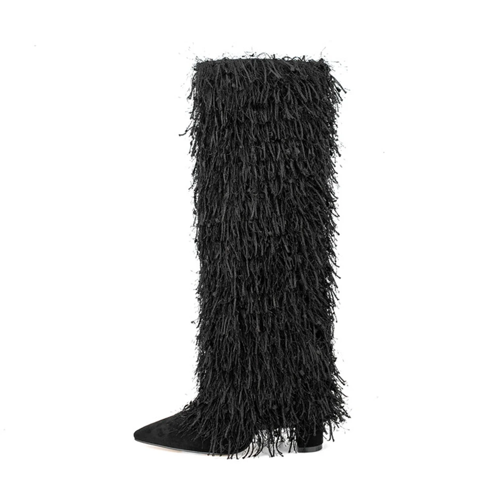 

FEMALEAN Sales Cowboy Boots Wide Led Pointed Toe Winter Fringe Chunky Platform Knee High Heels Shark Fold Boots Shoes For Women
