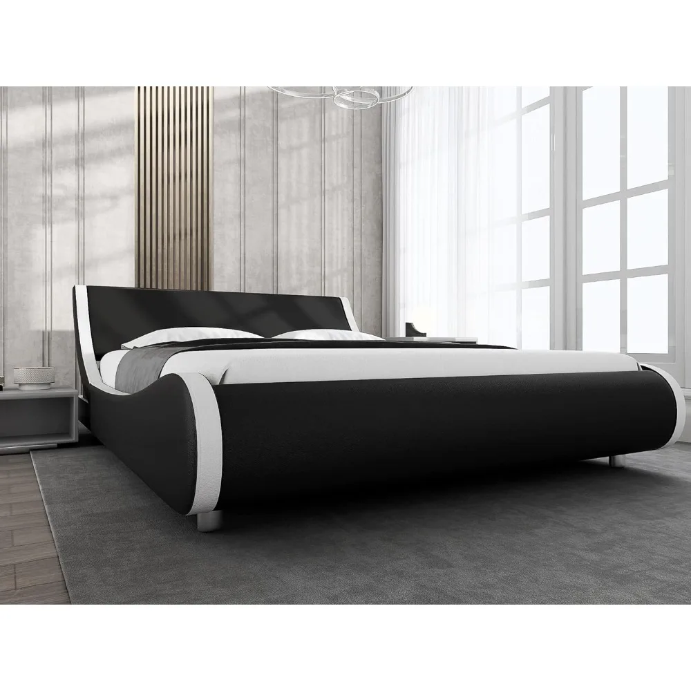 

Современная Низкопрофильная кровать-сани с обивкой, королевская платформа, кровать с изголовьем из искусственной кожи для легкой сборки без пружин