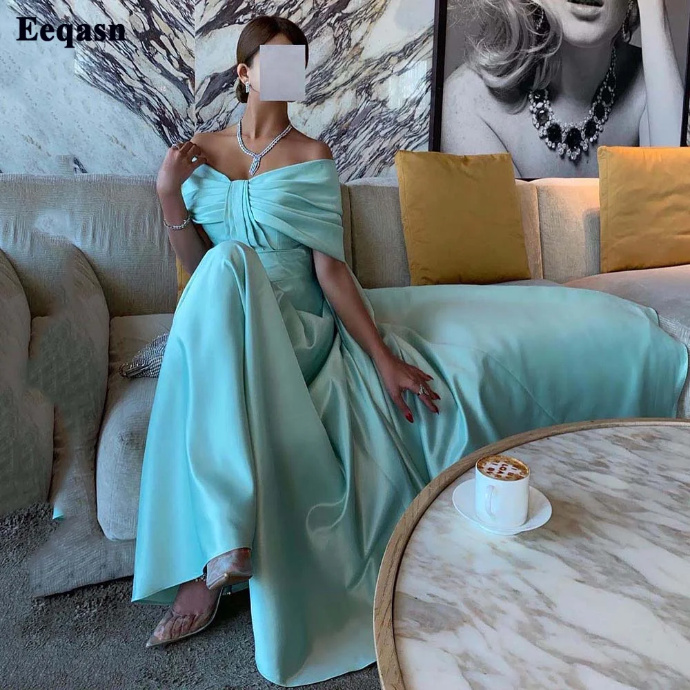 

Eeqasn Turquoise Arabic Women Evening Dresses Satin Cap Sleeves Formal Pageant Gowns Floor Length Dubai Event Celebrity Dress