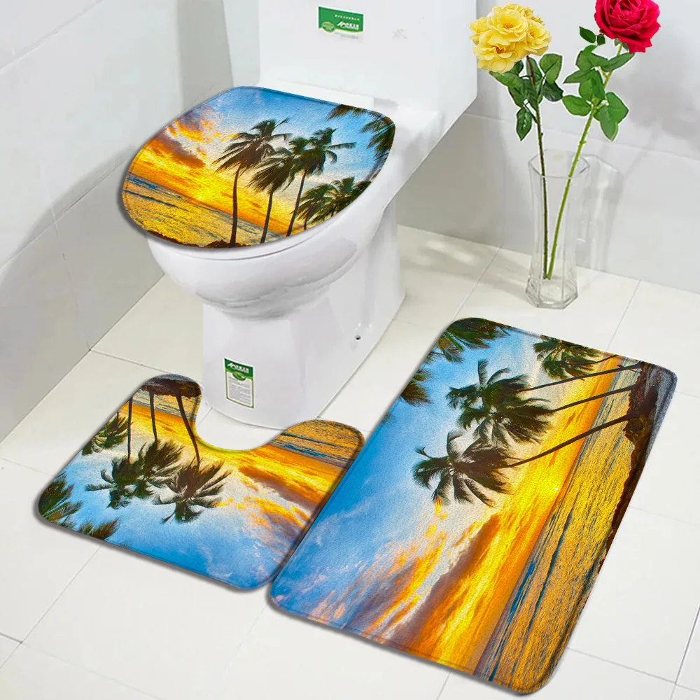 

Набор ковриков для ванной с изображением заката океана, кокосовое дерево, закат, природный пейзаж, домашний ковер, декор для ванной комнаты, настенное покрытие