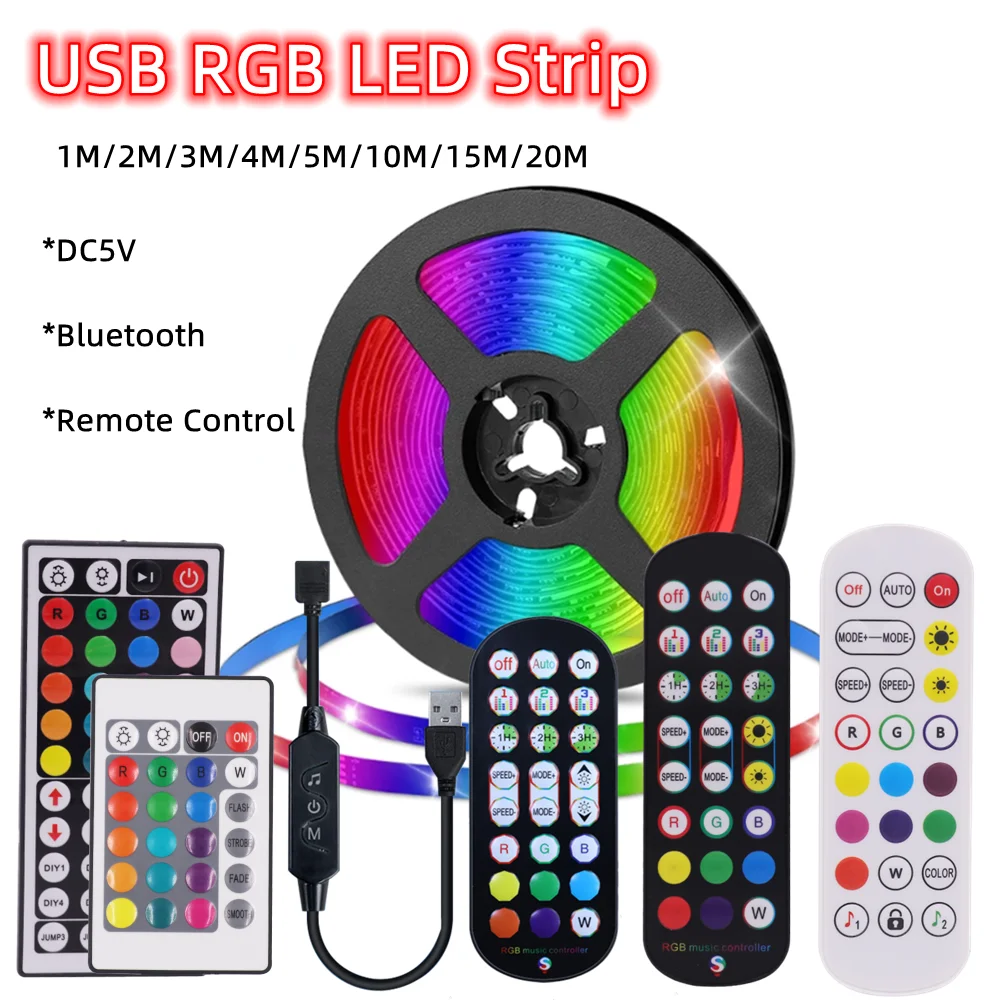 

5M 10M 15M 20M USB RGB LED Strip Light DC5V 5050 SMD Remote Control TV Backlight Flexible Diode Tape Ribbon Holiday Rope Decor