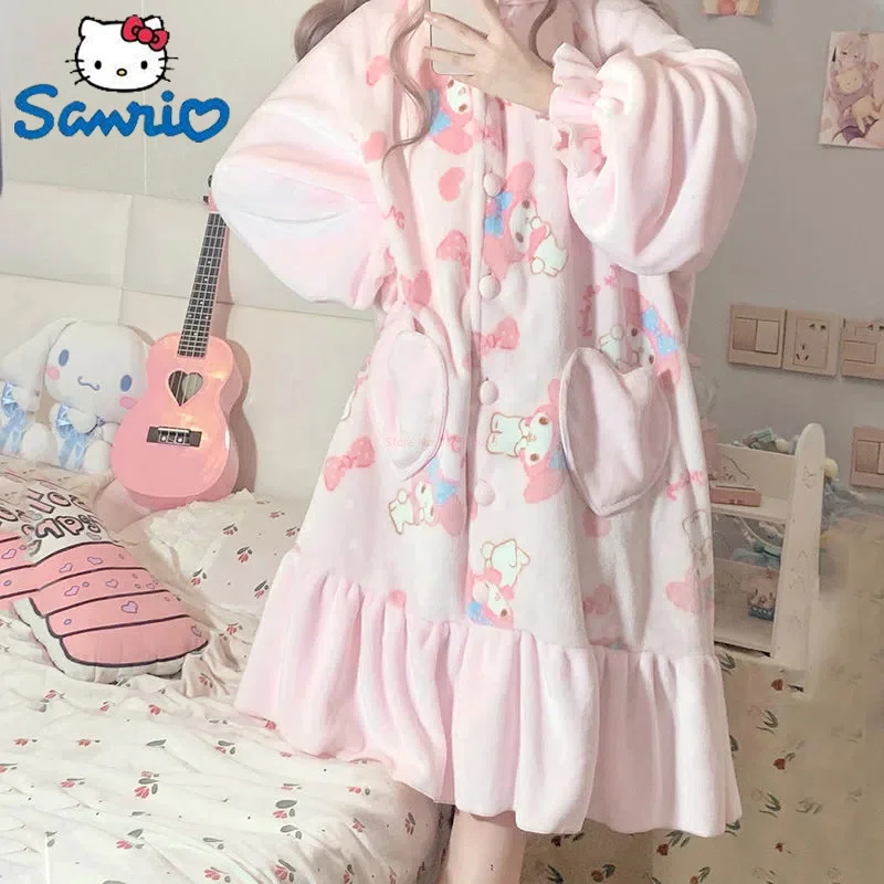 

Sanrio мультфильм My Melody пижама ночная рубашка комплект из двух частей женский коралловый бархатный домашний костюм Kawaii аниме женская ночная рубашка