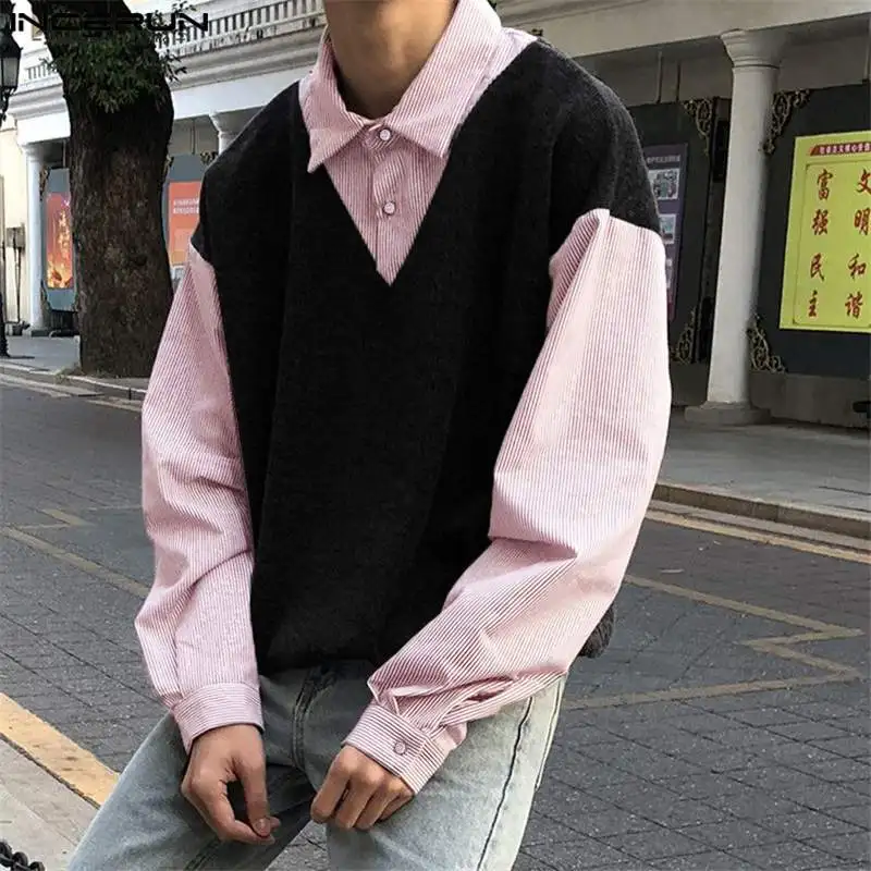 

Красивые мужские трикотажные полосатые рубашки в Корейском стиле в стиле пэчворк Повседневная Уличная одежда мужская блузка с лацканами горячая Распродажа INCERUN Топы 2023