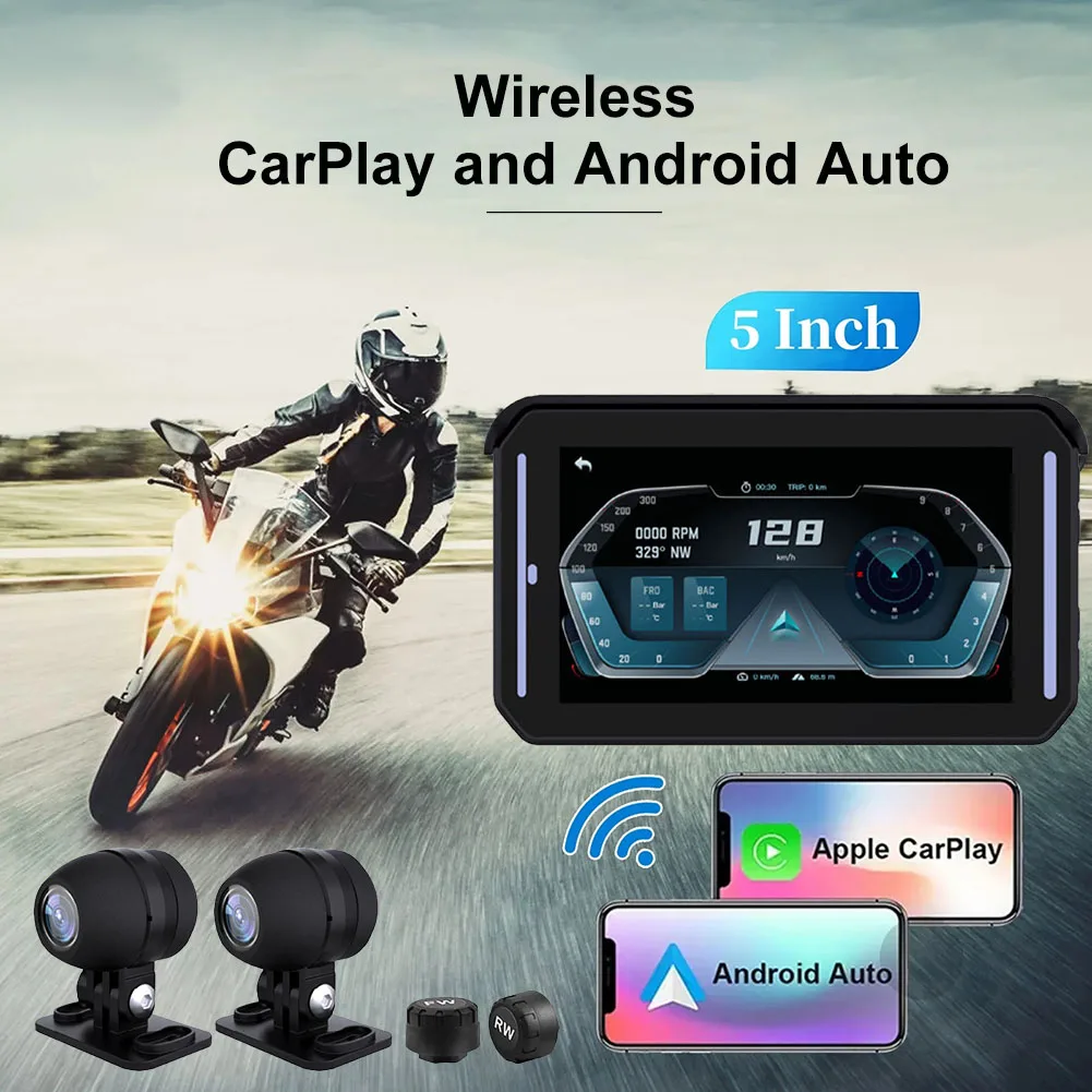 5" Touchscreen Front Rear Lens 1080P Motorcycle GPS Navigation Wireless CarPlay Android Auto Touchscreen Driving Recorder
5" Touchscreen Front Rear Lens 1080P Motorcycle GPS Navigation Wireless CarPlay Android Auto Touchscreen Driving Recorder