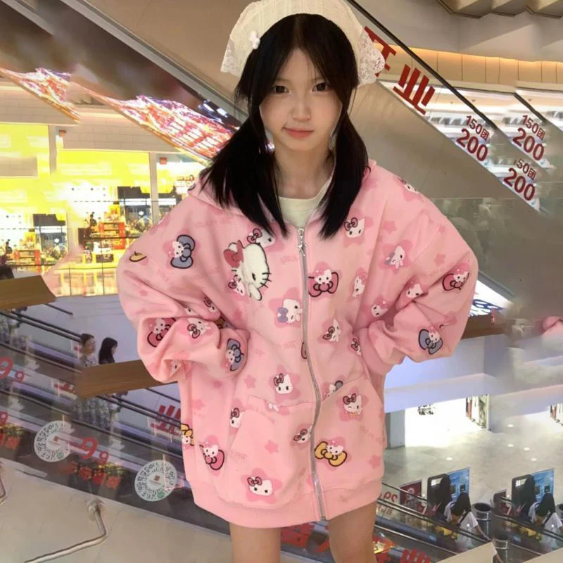 

Hello Kitty Kawaii Sanrio Anime Pink Outer Garment New Cute Cartoon Long Sleeved Cardigan Top Lovely Hoodie Girl Toys