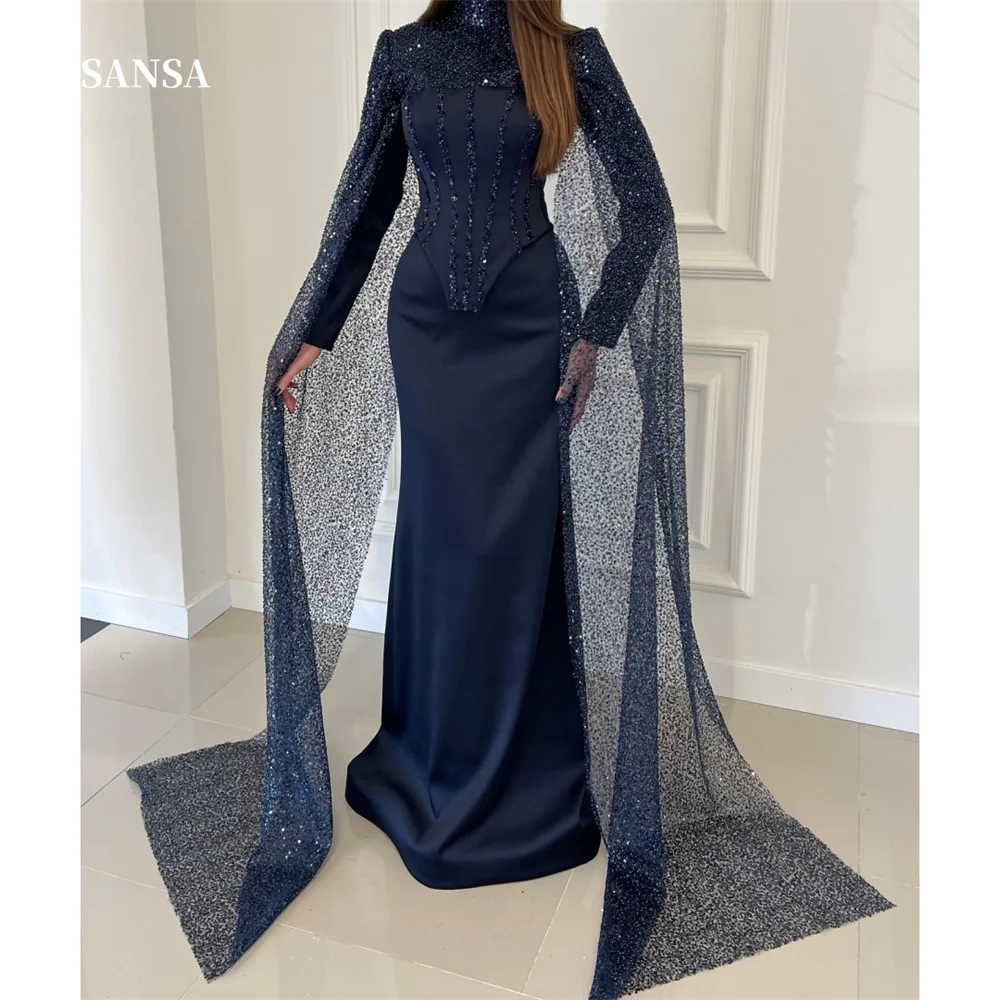 Sansa Navy Blue Sequin High Neck Prom Dresses Mermaid Customized فساتين سهرات Sweep Train Detachable Shawl Evening Dress 2025 5 S2123b3f5bd724d13b6eedf32d925b177j