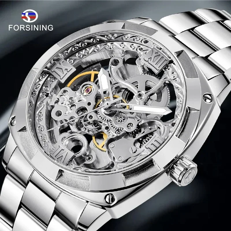 

Forsining Watch Men Fashion Carving Skeleton Watches Luxury Silver Gold Black Full Steel Automatic Mechanical Wristwatches Men