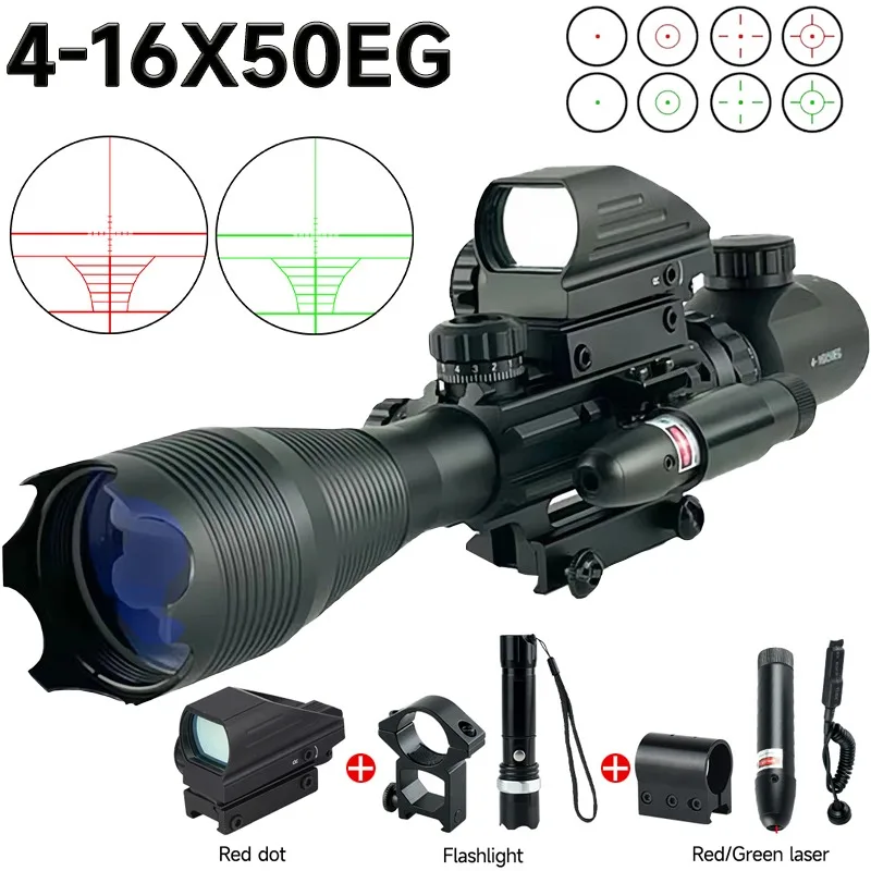 

4-16x50EG Tactical Rifle Scopes Red Laser+flashlight Illuminated+Red Green Dot Sight Combo Airsoft Rifle Gear Hunting Shooting
