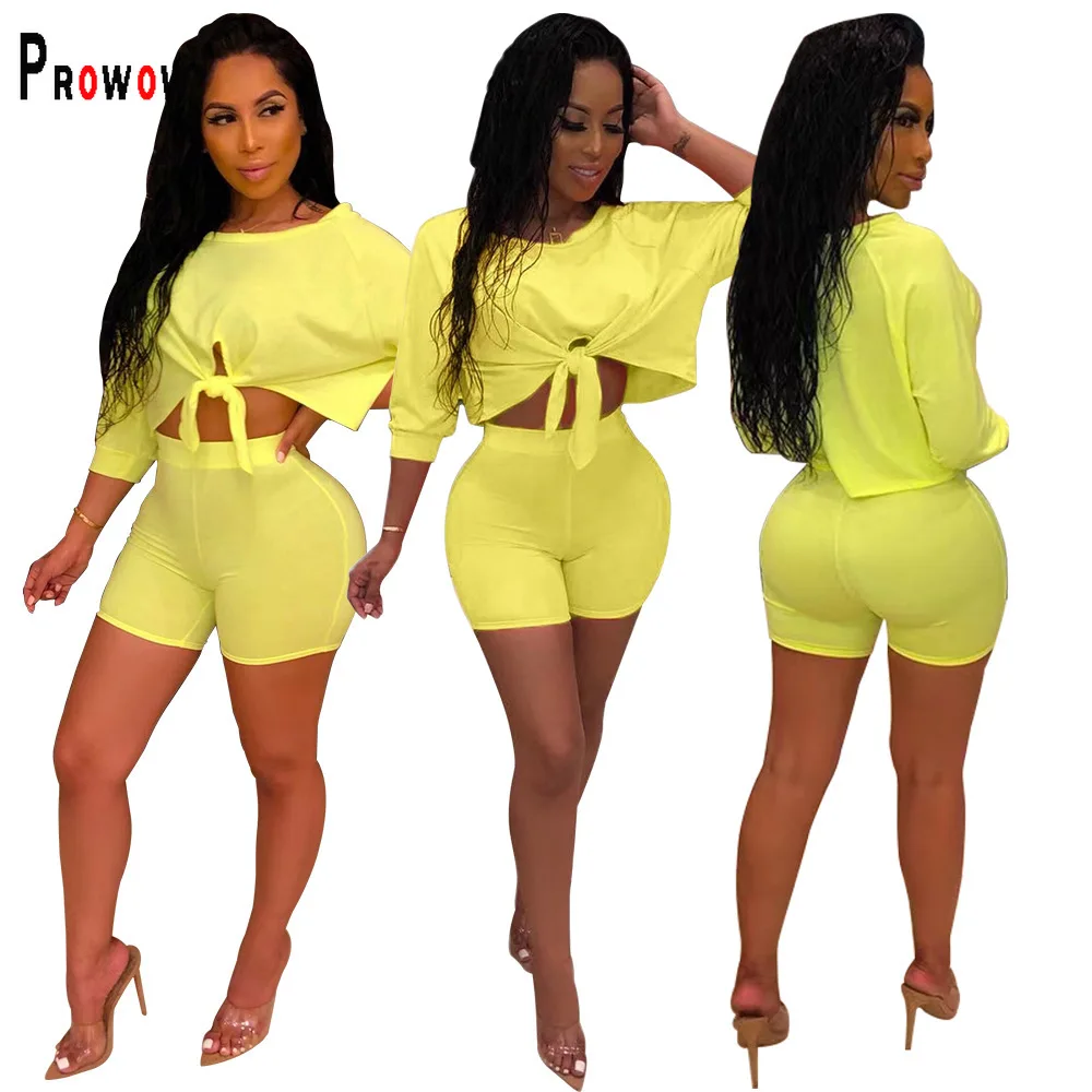 

Prowow Women Clothing Set Cropped Tops Skinny Shorts Two Piece Summer Lady Suits 2022 New Yellow Color Casual Female Streetwear