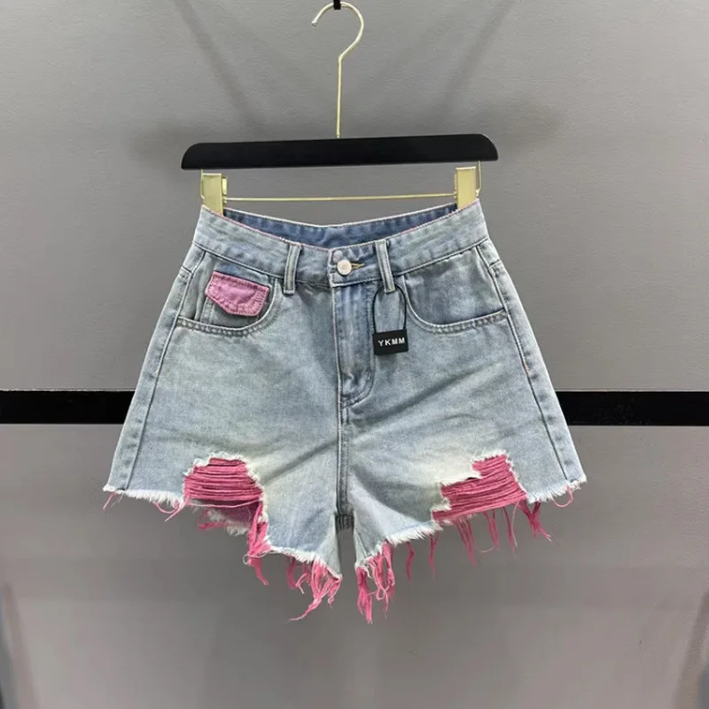 

Colorful distressed denim shorts for women's 2024 summer new high waisted slimming edge wide leg pants hot pants