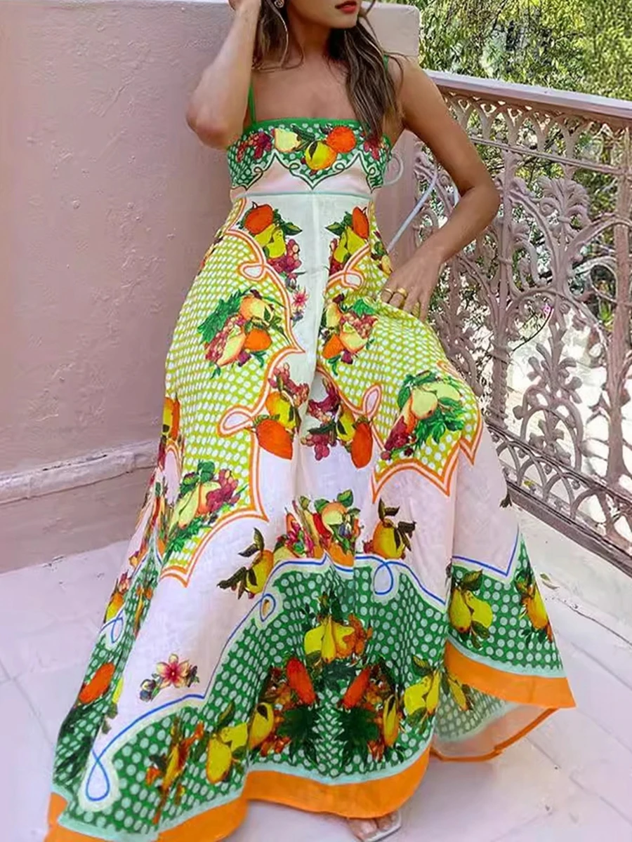 

Women Boho Cami Maxi Dress Summer Cute Print Flowy A-Line Party Long Dress Spaghetti Strap A Line Sun Dress