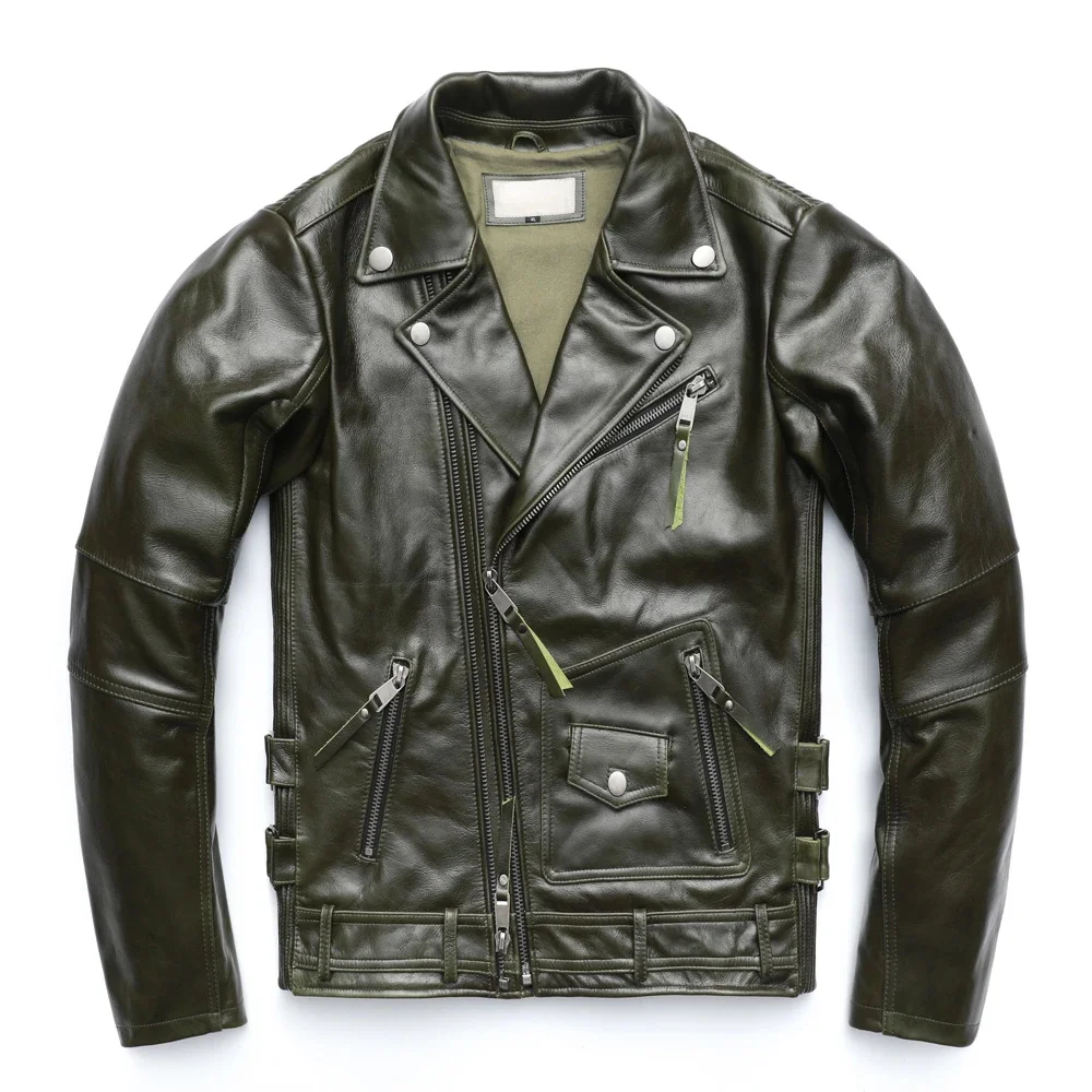 

Natural Men Genuine Cowhide Slim Fit Vintage Brown Black Motorcycle Leather Jacket Mens Biker Racer Jackets Oblique Zipper S~9XL