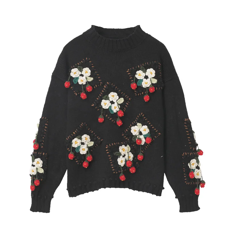 Женские роскошные пуловеры свитер с принтом клубника с 3D цветами, черные трикотажные изделия с длинным рукавом, джемпер на осень и зиму, топы, женская трикотажная одежда 
Женские роскошные пуловеры свитер с принтом клубника с 3D цветами, черные трикотажные изделия с длинным рукавом, джемпер на осень и зиму, топы, женская трикотажная одежда