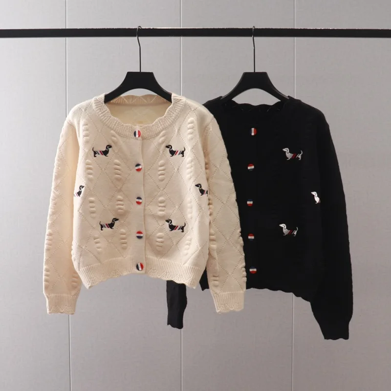 

Embroidery Dog Cardigans For Women Round Neck Long Sleeve Knitted Coat Sweater, White Jumper, кардиган оверсайз