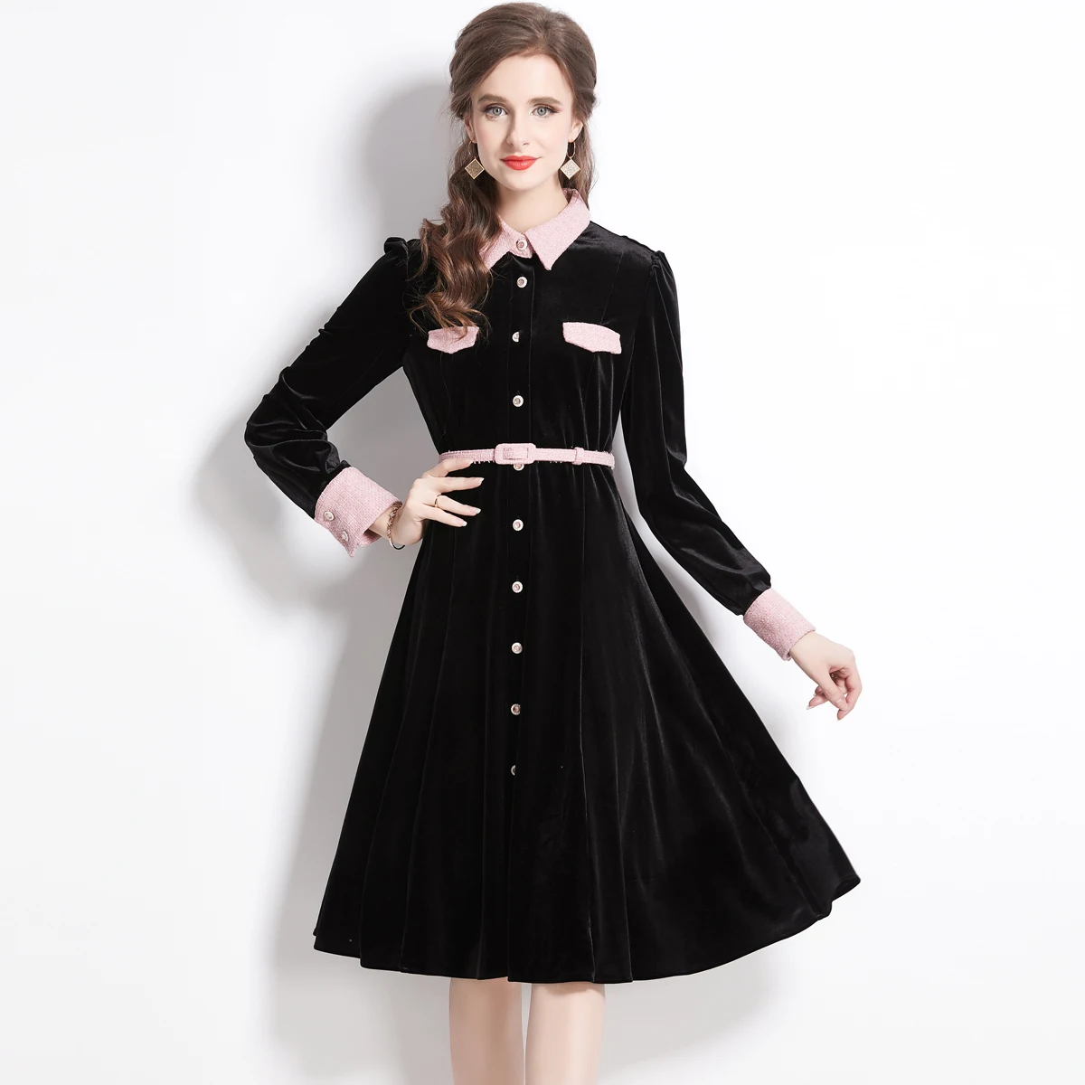 Runway Autumn Winter Velvet Shirt Dress Vintage Women Pink Tweed Lapel Collar Black Single Breasted Office Ladies Belt Vestidos
Runway Autumn Winter Velvet Shirt Dress Vintage Women Pink Tweed Lapel Collar Black Single Breasted Office Ladies Belt Vestidos