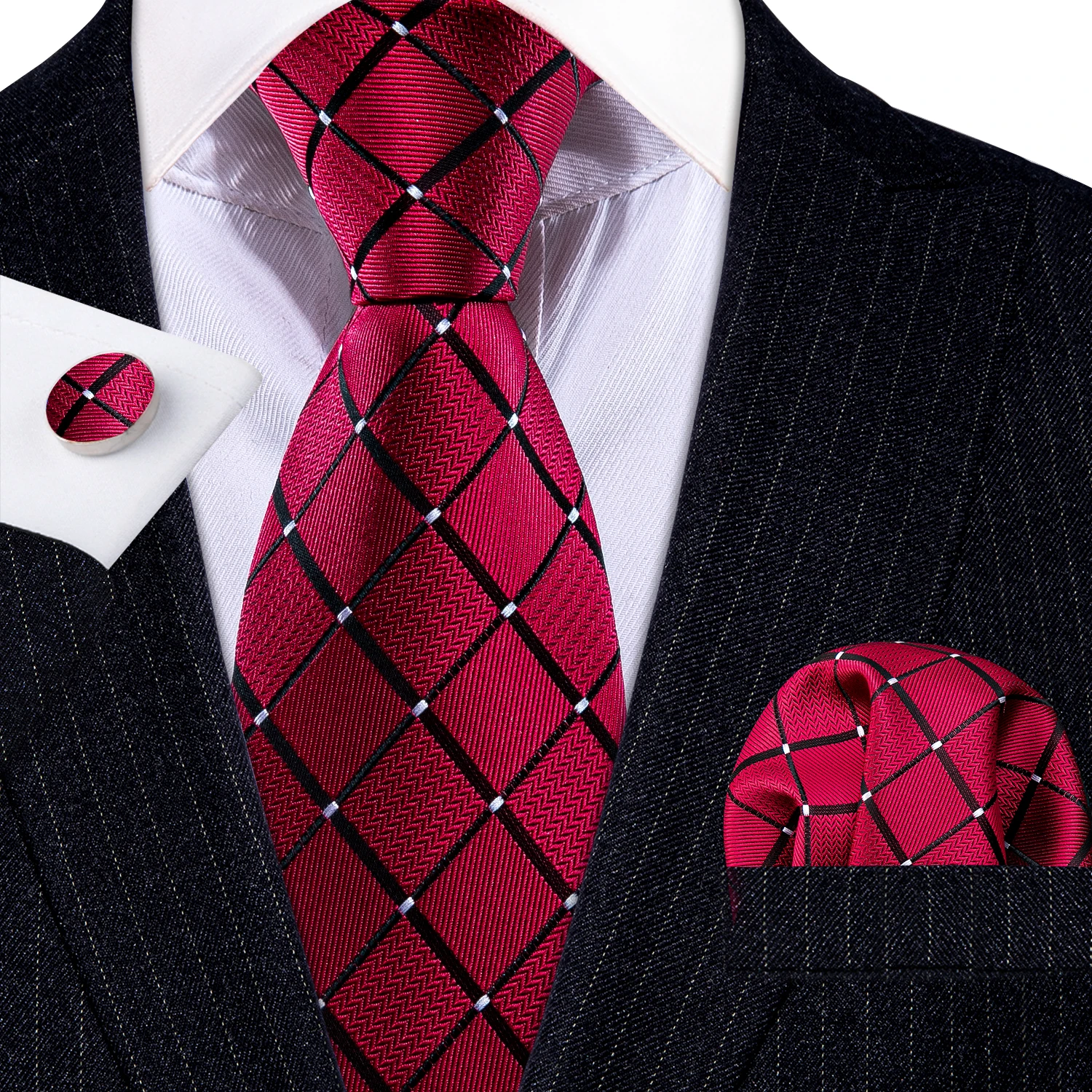 

Fashion Red Novelty Silk Men Tie Wedding Gift Barry.Wang Designer NeckTie Handkerchief Cufflinks Set Business Groom LN-6011
