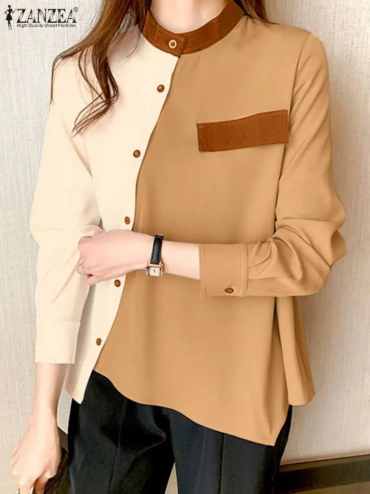 

ZANZEA 2023 Autumn Round Neck Chic Tops Fashion Solid Shirt Women Long Sleeve Blouse Casual Diagonal Placket Colorblock Tunics