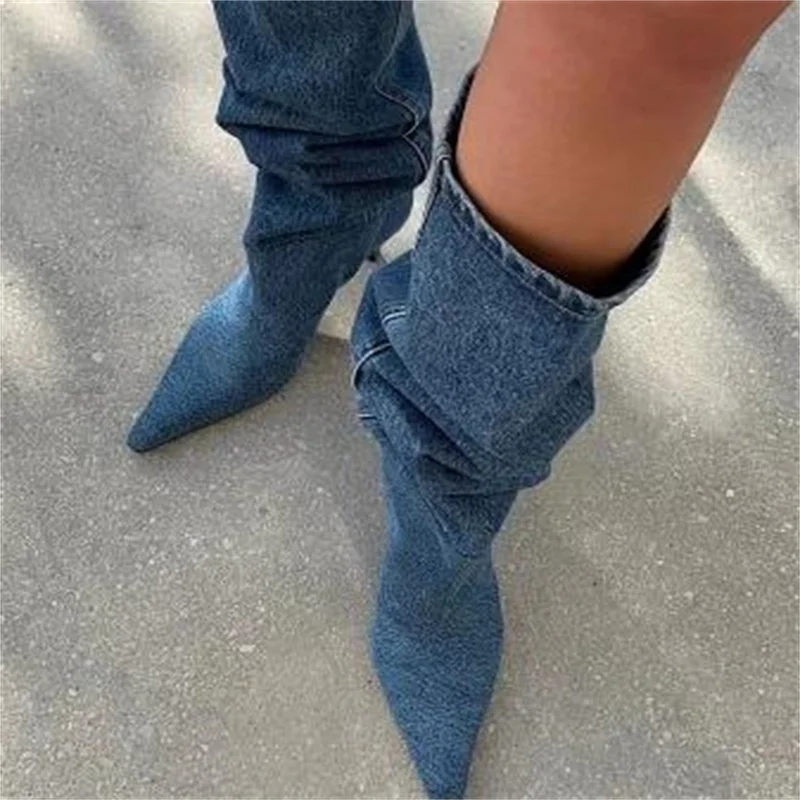 

Женские джинсовые ботинки с острым носком, синие женские плиссированные ботинки на высоком каблуке с прострочкой, длинные сапоги до середины икры