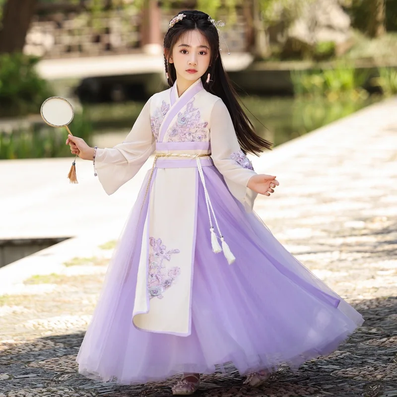 

2024 New Girls Chinese Ancient Traditional Hanfu Dress Set Baby Kids Perform Costume Fairy Party Evening Brithday Hanfu Cosplay