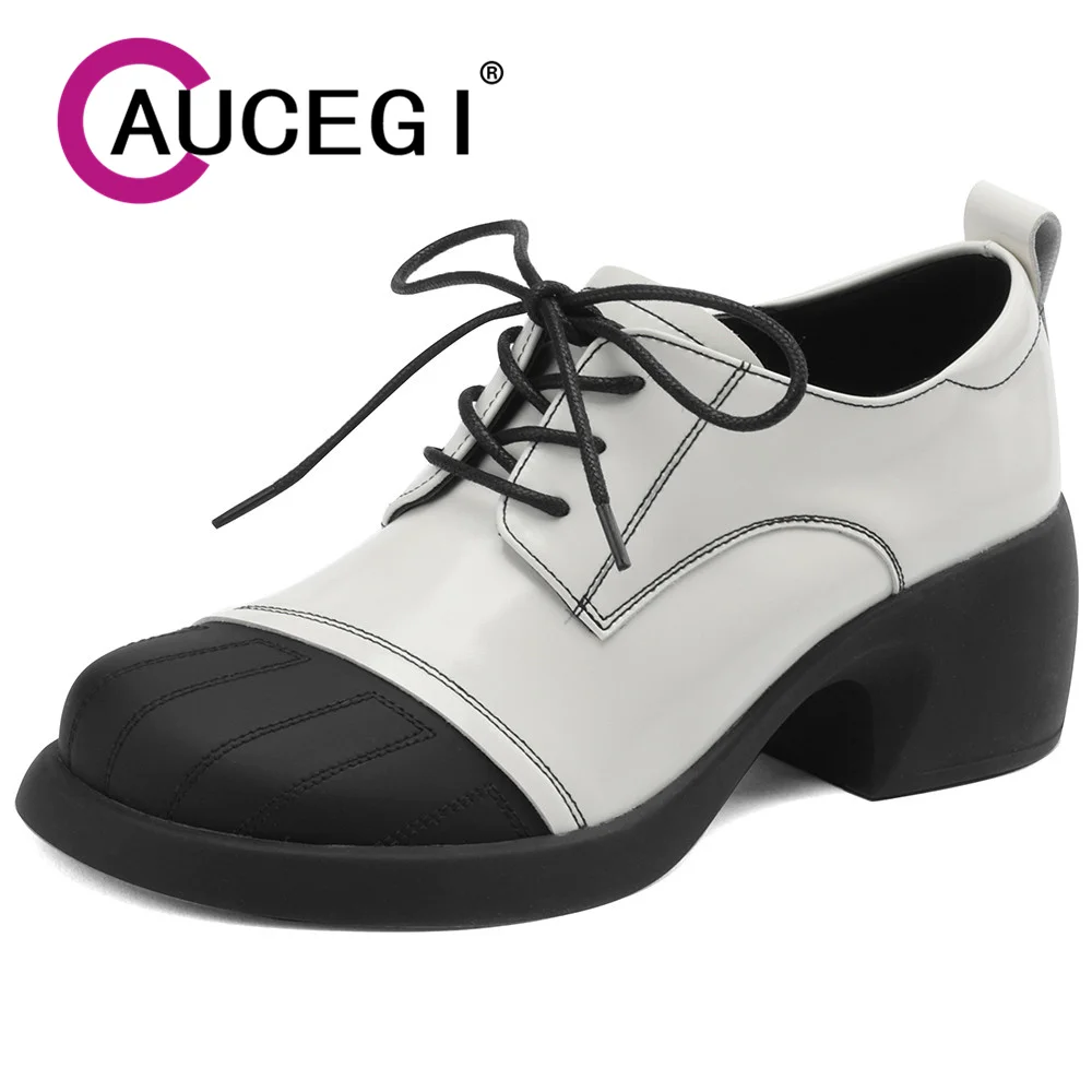 

Aucegi Latest Women Spring Autumn Pumps Mixed Color Genuine Leather Round Toe Lace-Up Thick High Heels Casual Wild Footwear