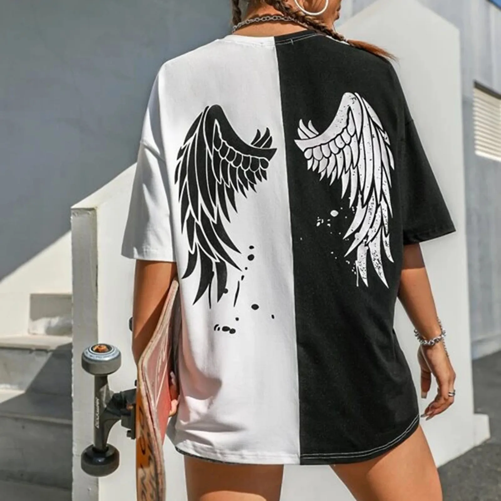 

Women's T-shirt Fashion Angel Wings Print Round Neck Short Sleeve Loose Oversized T Shirt Woman Patchwork Top Футболка Оверсайз