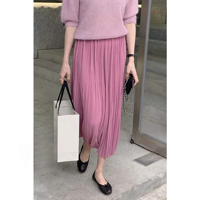 

Women's Summer Pleated Midi Skirt Fashionable Elegant Stretch High Waist Fringed Chiffon Skirt Thin Casual Korean Women's Dress