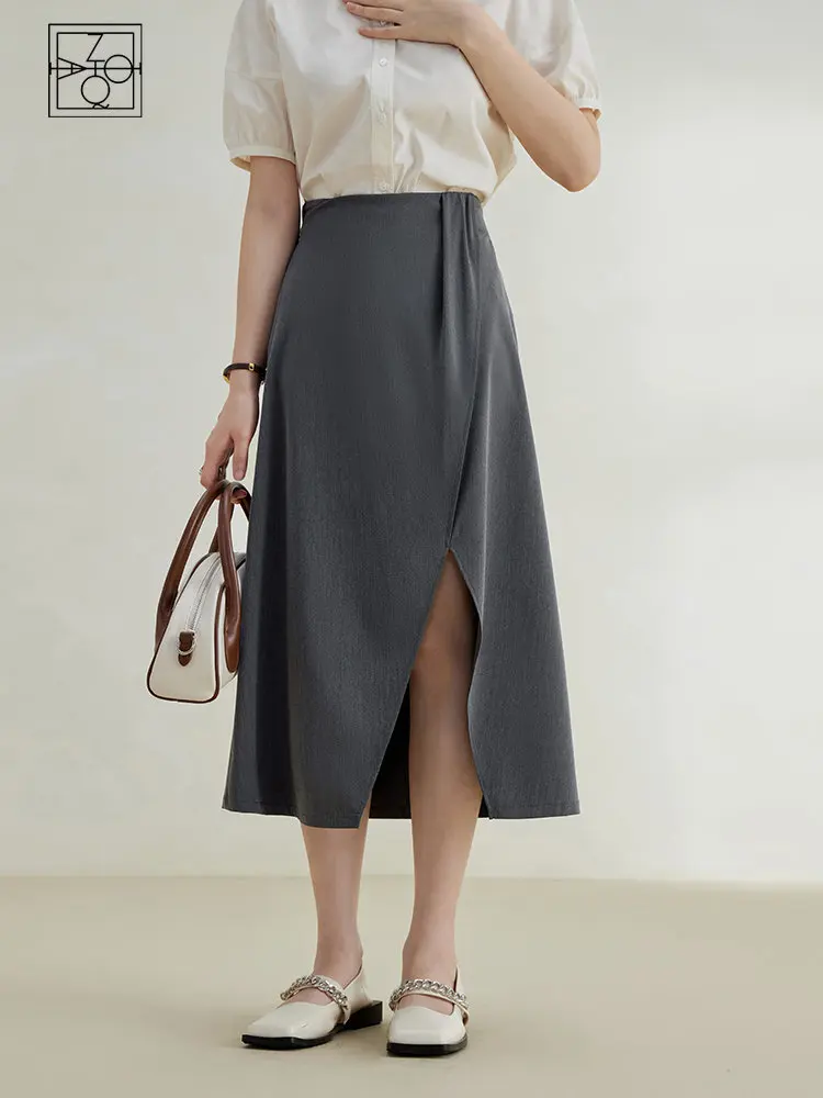 

ZIQIAO Commuter Sense High Waist Slit Skirt for Women New Summer Design Sense Niche Thin Grey Casual Skirt for Office Lady