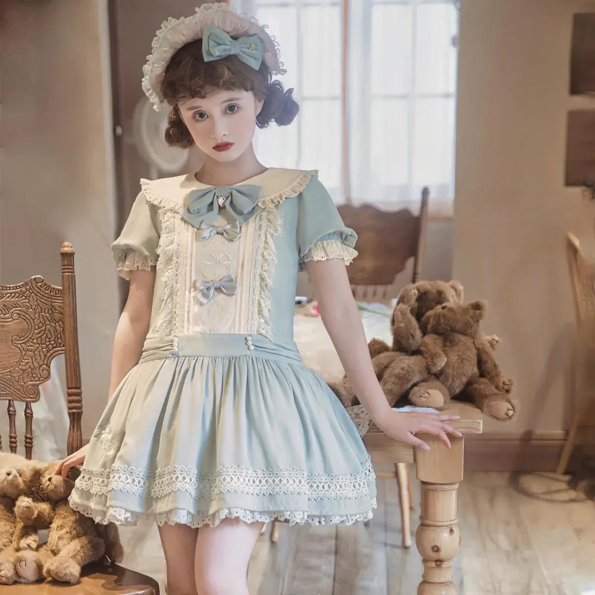 

Sweet Strawberry Lolita OP Dress Women Cute Doll Collar Bow Lace Short Sleeve Kawaii Dress Japanese Harajuku Vintage Mini Dress