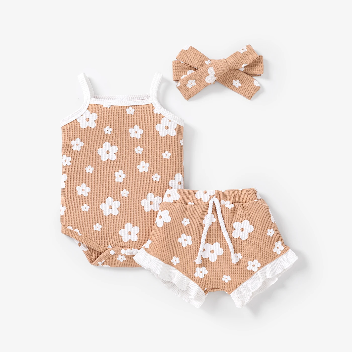 

PatPat 3pcs Baby Girl 3-piece Floral Print Textured Cami Romper and Ruffled Shorts & Headband Set