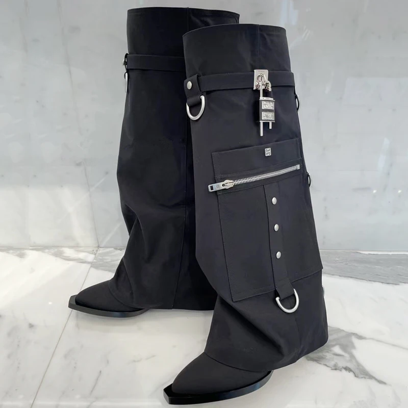 

Cloth Overlay Knee High Pockets Pants Boots Women Wedge Heels Shoes Folded Over Upper Pointed toe Metal Shark Lock Booties