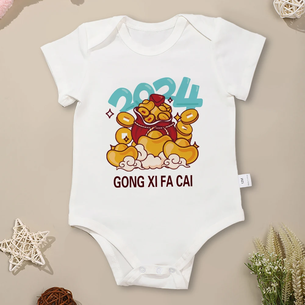 

2024 GONG XI FA CAI Newborn Onesie Cartoon Chinese Style Cute Baby Girl Boy Clothes Happy Festival Vibe Cotton Infant Romper