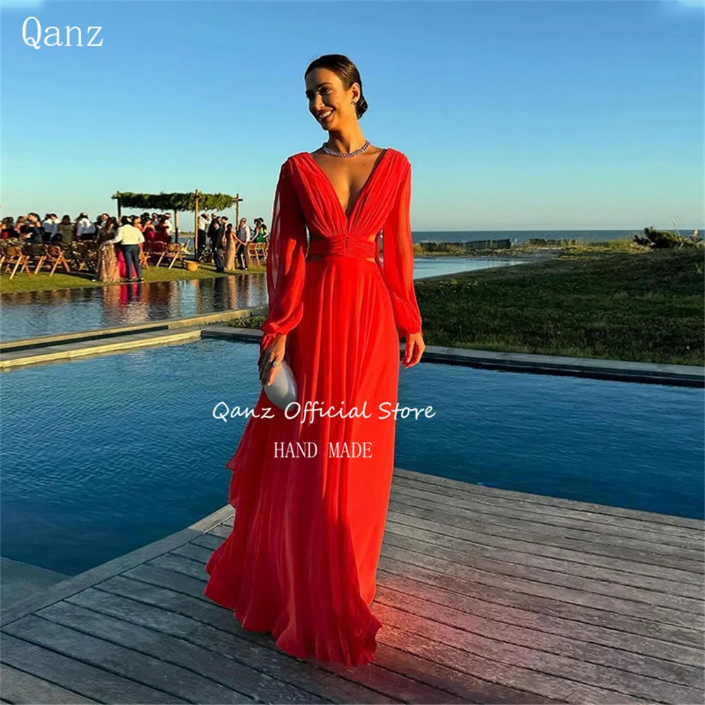 

Qanz пляжное шифоновое вечернее платье с длинным рукавом длинное ТРАПЕЦИЕВИДНОЕ ПЛАТЬЕ С Рюшами Vestidos De Fiesta Elegantes 2024 красные платья для выпускного вечера с глубоким V-образным вырезом