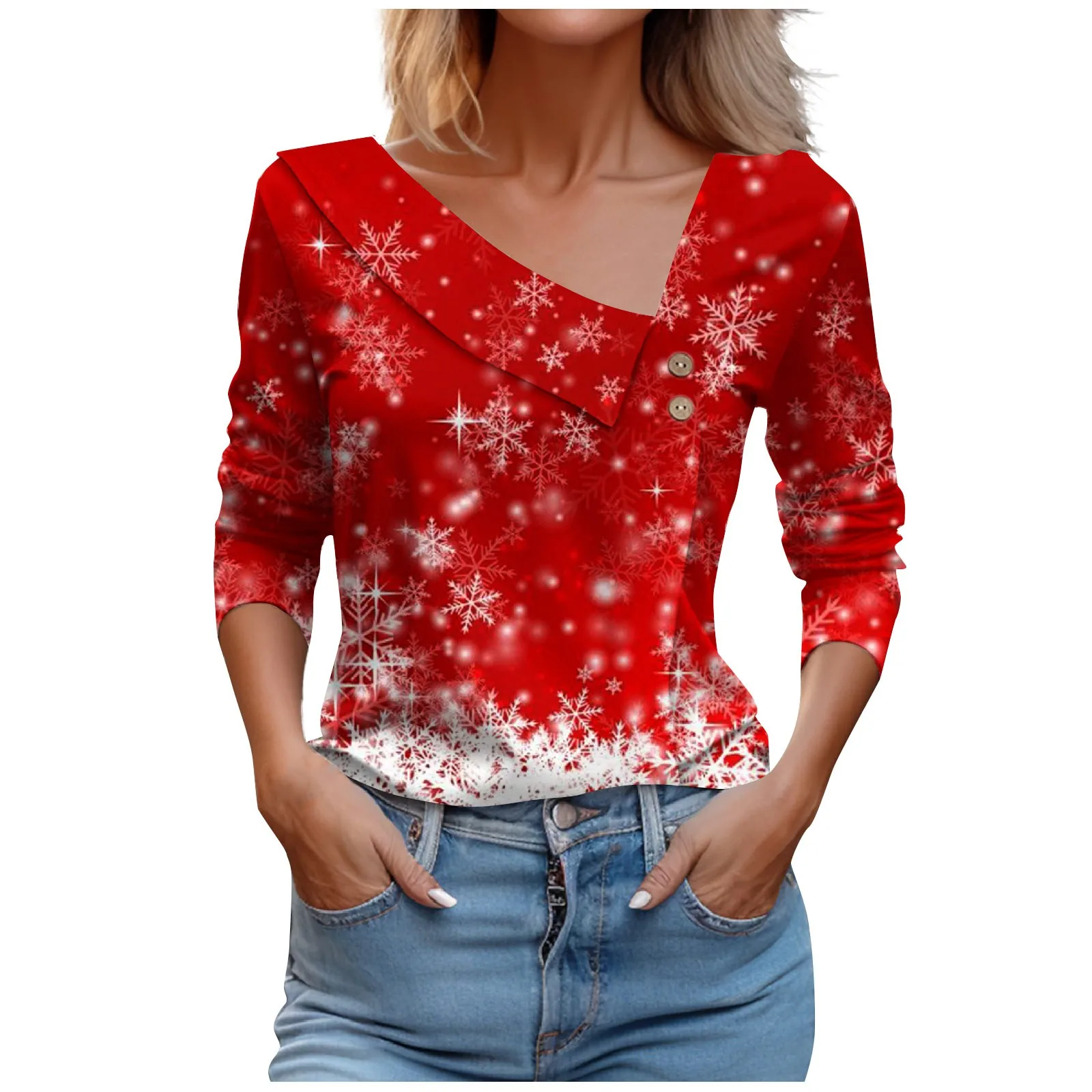 

Женский пуловер с длинным рукавом, пуловер на пуговицах с рождественским принтом, Асимметричный топ с диагональным вырезом, свитшоты с V-образным вырезом, 2023