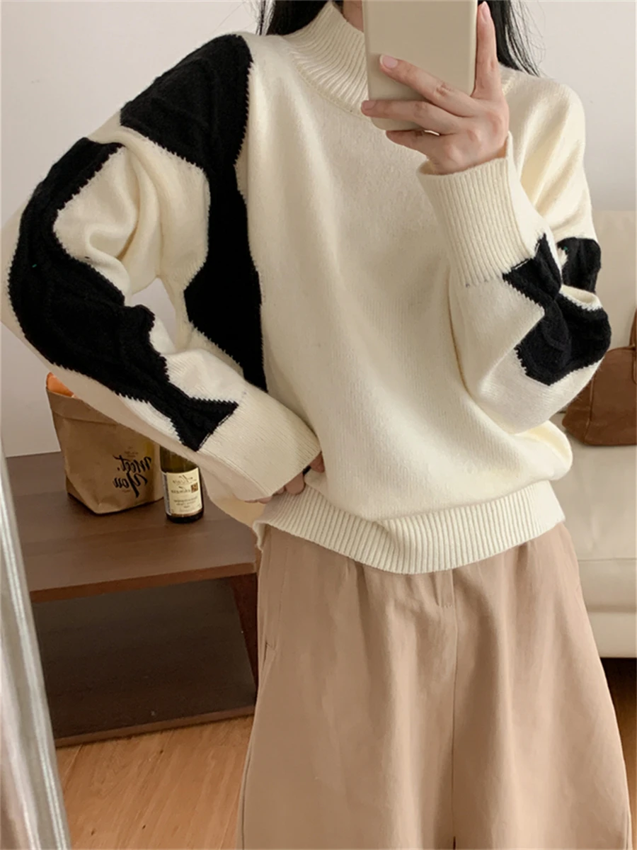 New 2022 Vintage Korean Fashion Elegant Women Clothes Color Blocking Oversized Autumn Winter Female Knitted Tops Sweaters
New 2022 Vintage Korean Fashion Elegant Women Clothes Color Blocking Oversized Autumn Winter Female Knitted Tops Sweaters