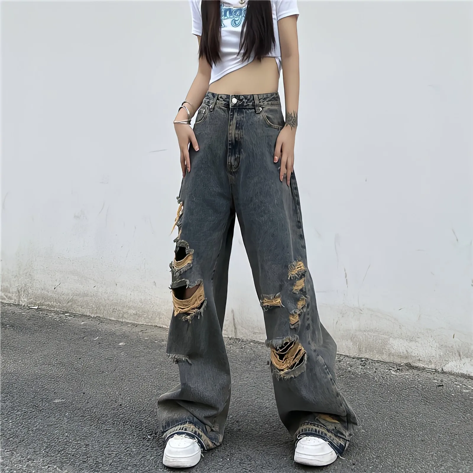 

2023 American Style Y2k Ripped Jeans Women Streetwear Oversized Baggy Pants Summer New Hiphop Washed Distressed Retro Jeans