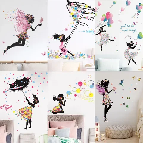 Мультяшная Бабочка Фея цветочный девушка с зонтом наклейки на стену для девочки спальня детская комната наклейки на стену Красочные цветы ПВХ