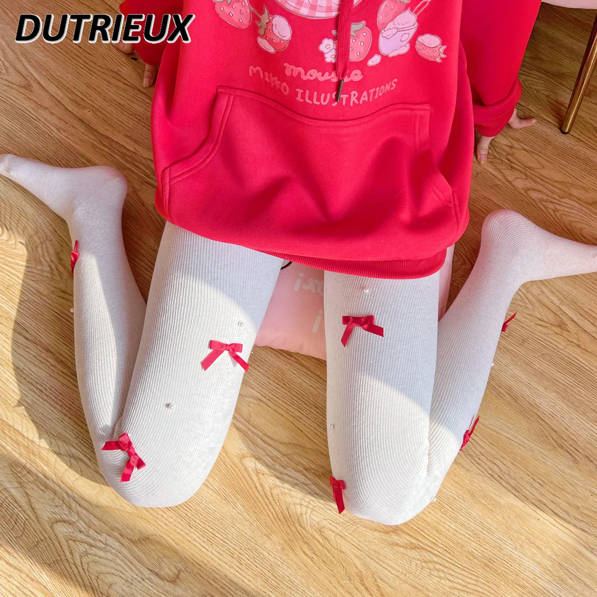 

Spring Autumn Winter Korean Style All-Match Students Slimming Tights Bow Pearl Fleece Lined Padded Warm Keeping Pantyhose