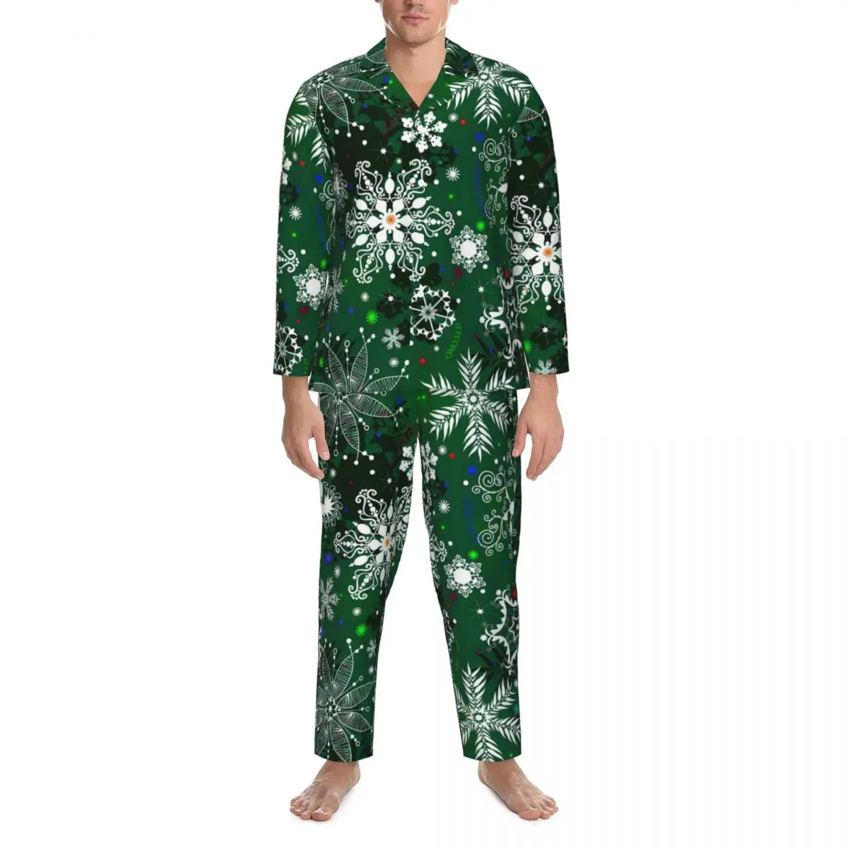 

Рождественская пижамы с рисунком «снежинки», Мужская пижама с зеленым принтом Kawaii, осенняя одежда для сна в спальню, 2 предмета, винтажный пижамный комплект большого размера с графическим принтом
