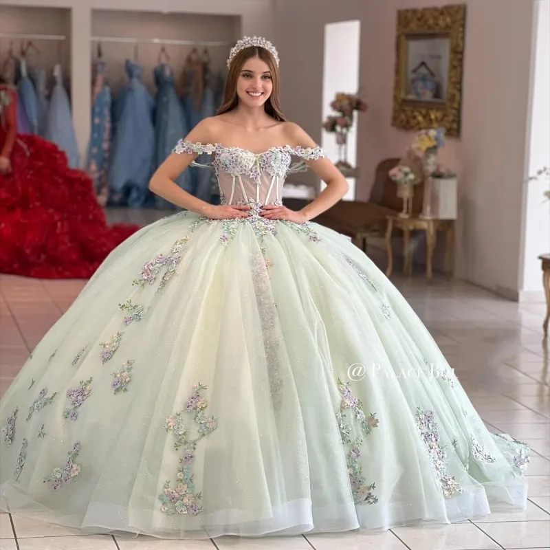 

Sage Green Glittering Sweetheart Quinceanera Dress Off Shoulder Beading Floral Appliqué Lace Vestidos De 15 Anos Ball Gown
