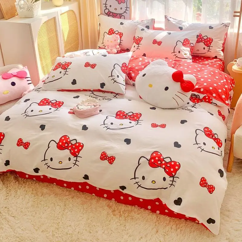 

Hello Kitty Kawaii Sanrio Anime Cotton Bed Sheet Cover 3 4-Piece Set Cute Kt Cat Princess Quilt Pillow Cover Gifts for Girls