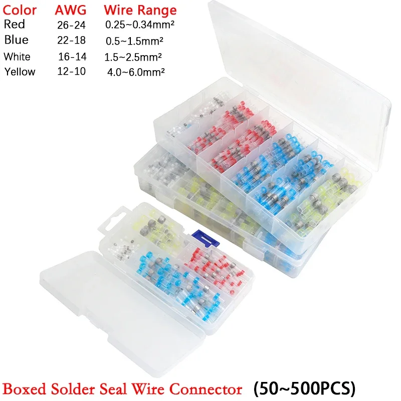 

50~500pcs Boxed Solder Seal Wire Connector 3:1 Heat Shrink Sealed Insulated Butt Splice Terminal Waterproof Butt Connectors Kit