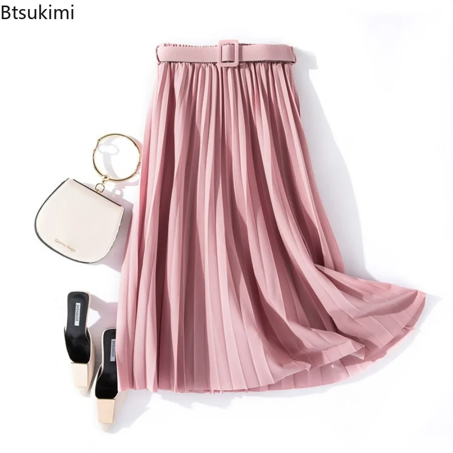 

2024 Women's High Waist Pleated Midi Skirts with Belted Spring Summer Elegant Solid Umbrella A-Line Skirts Ladies Korean Skirts