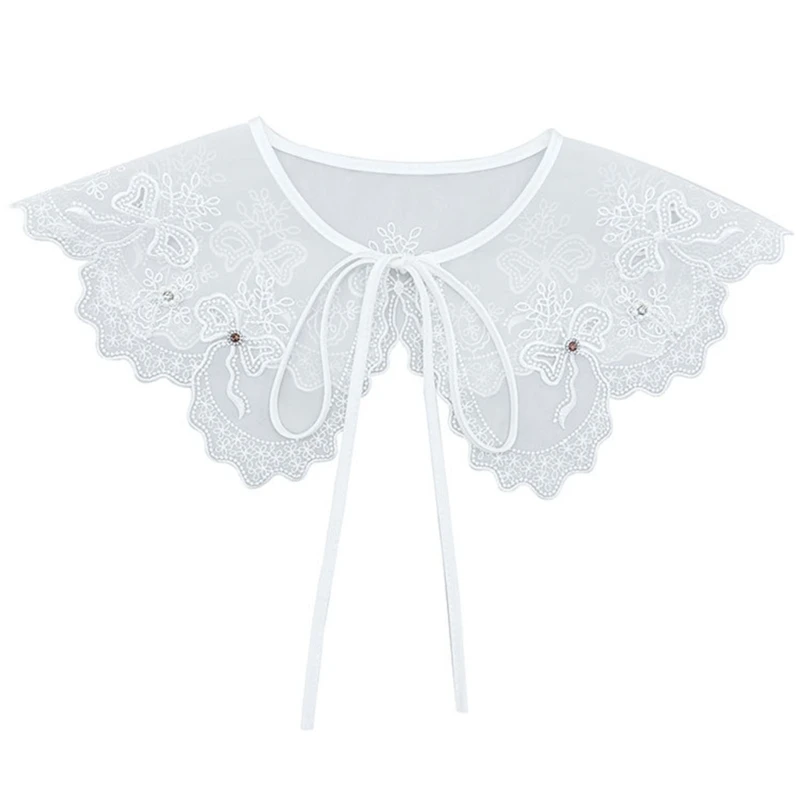 

Women Elegant Organza Detachable False Collar Rhinestones Beading Mini Shawl Scarf Embroidery Bowknot Pattern Capelet