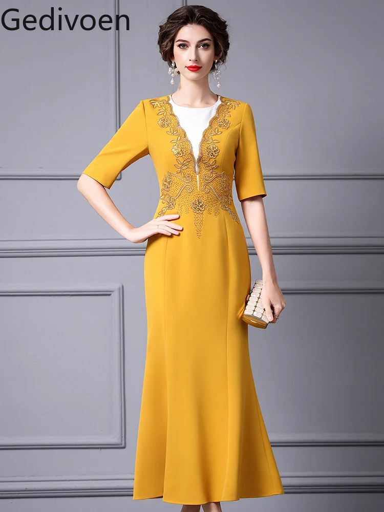 

Осеннее модное дизайнерское офисное платье Gedivoen с круглым вырезом и вышивкой, однотонное элегантное платье во французском дворцовом стиле ампир