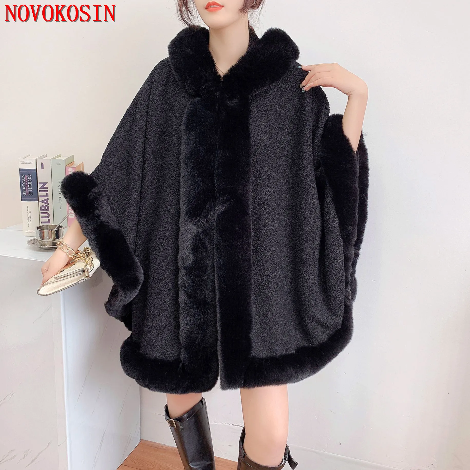 

6 Color 2022 Women Outstreet Loose Capes Granular Velvet Big Faux Rabbit Fur Cloak Winter Thick Long Poncho Shawl Coat With Hat