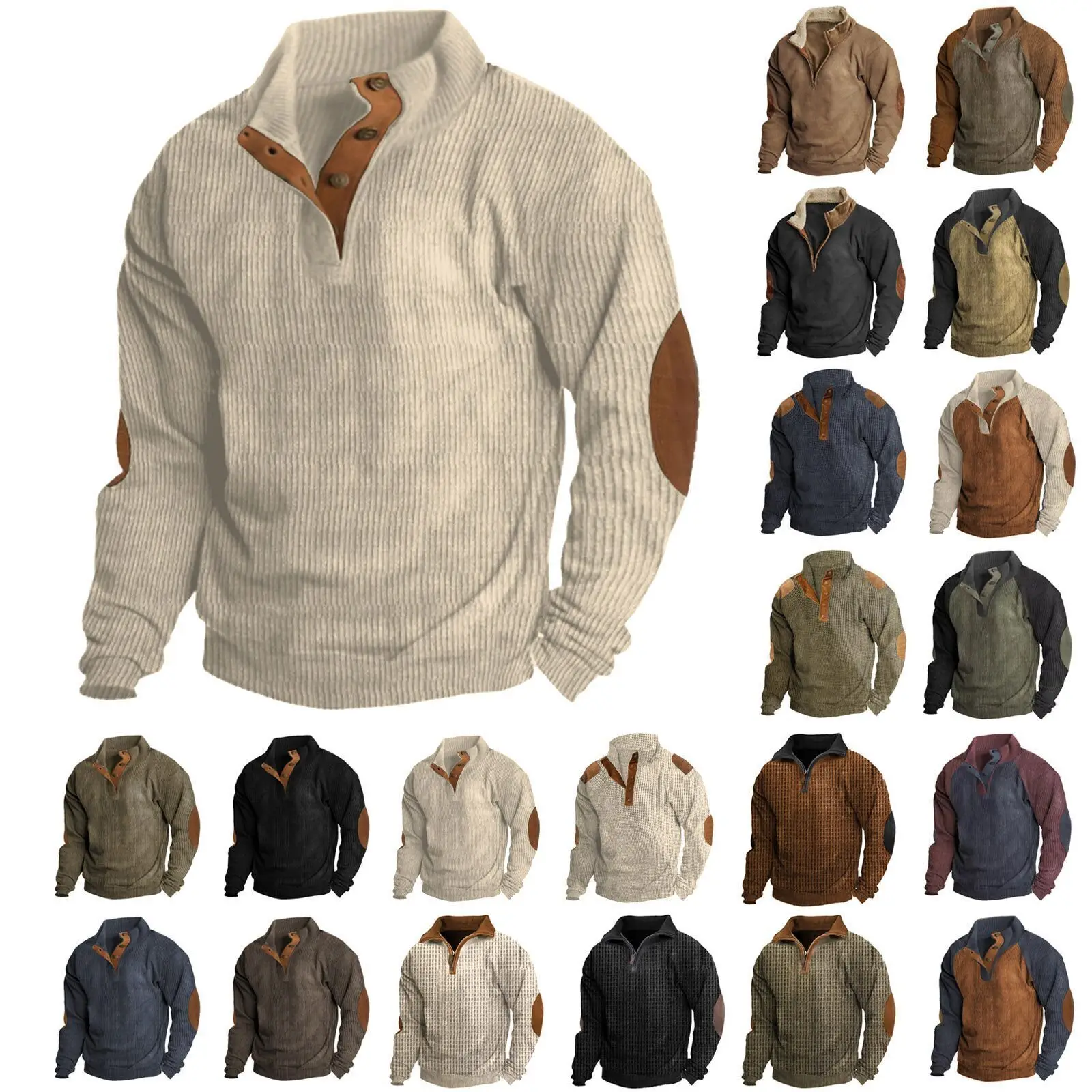

Mens Corduroy Shirt Lapel Collar Button Up Pullover Mock Neck Long Sleeve Sweaters Polo Sweatshirts with Elbow Patches Pullover