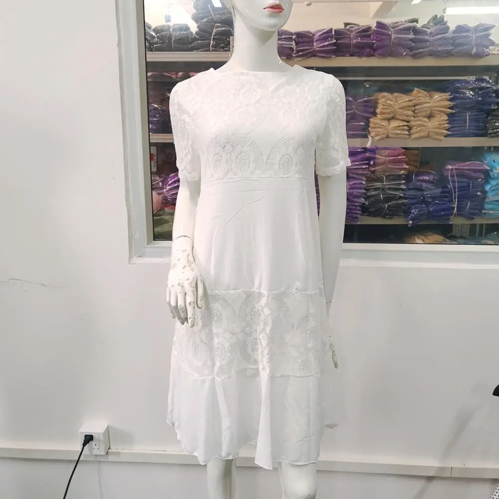 

Женское кружевное платье с вышивкой, элегантное платье миди с цветочной вышивкой, кружевное лоскутное пляжное платье с коротким рукавом для отпуска