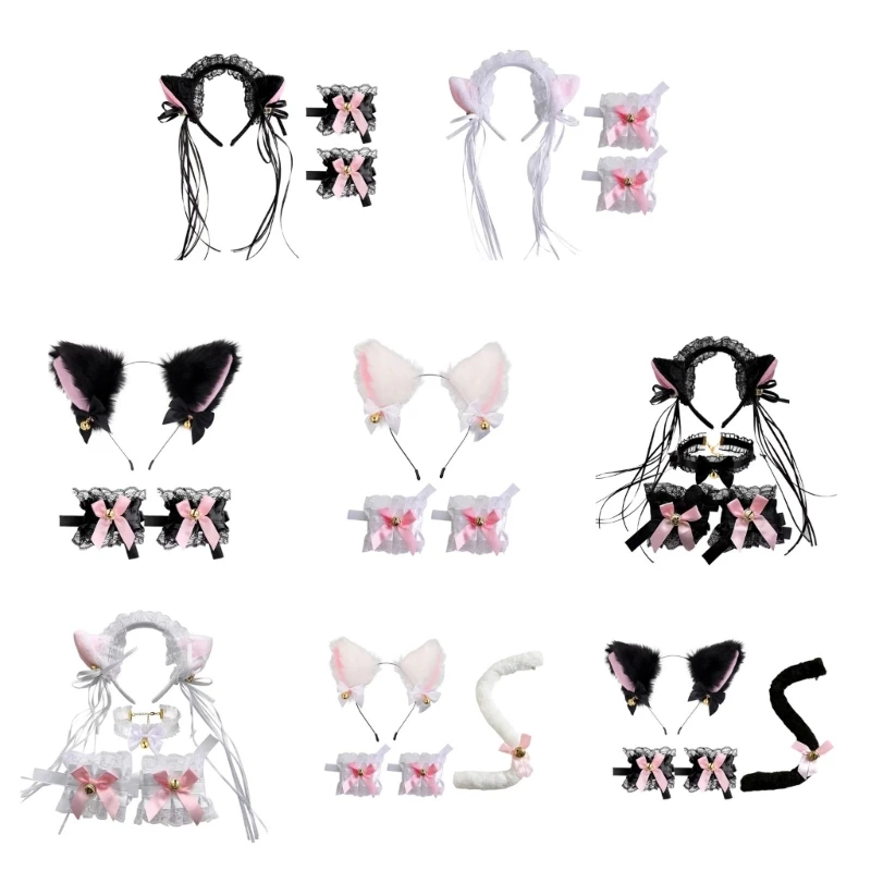 

Cat Ear Shape Hairhoop/Choker/Lace Cuffs/Tail Cosplay Costume Choker Headdress Halloween Birthday Party Set for Kids H9ED